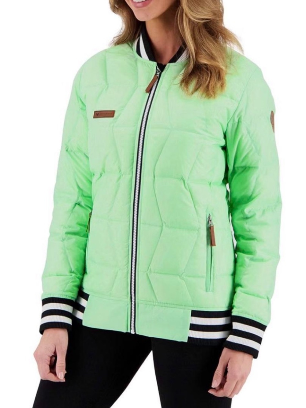 Obermeyer Mint Quilted Puffer Jacket with Black & White Stripe Trim